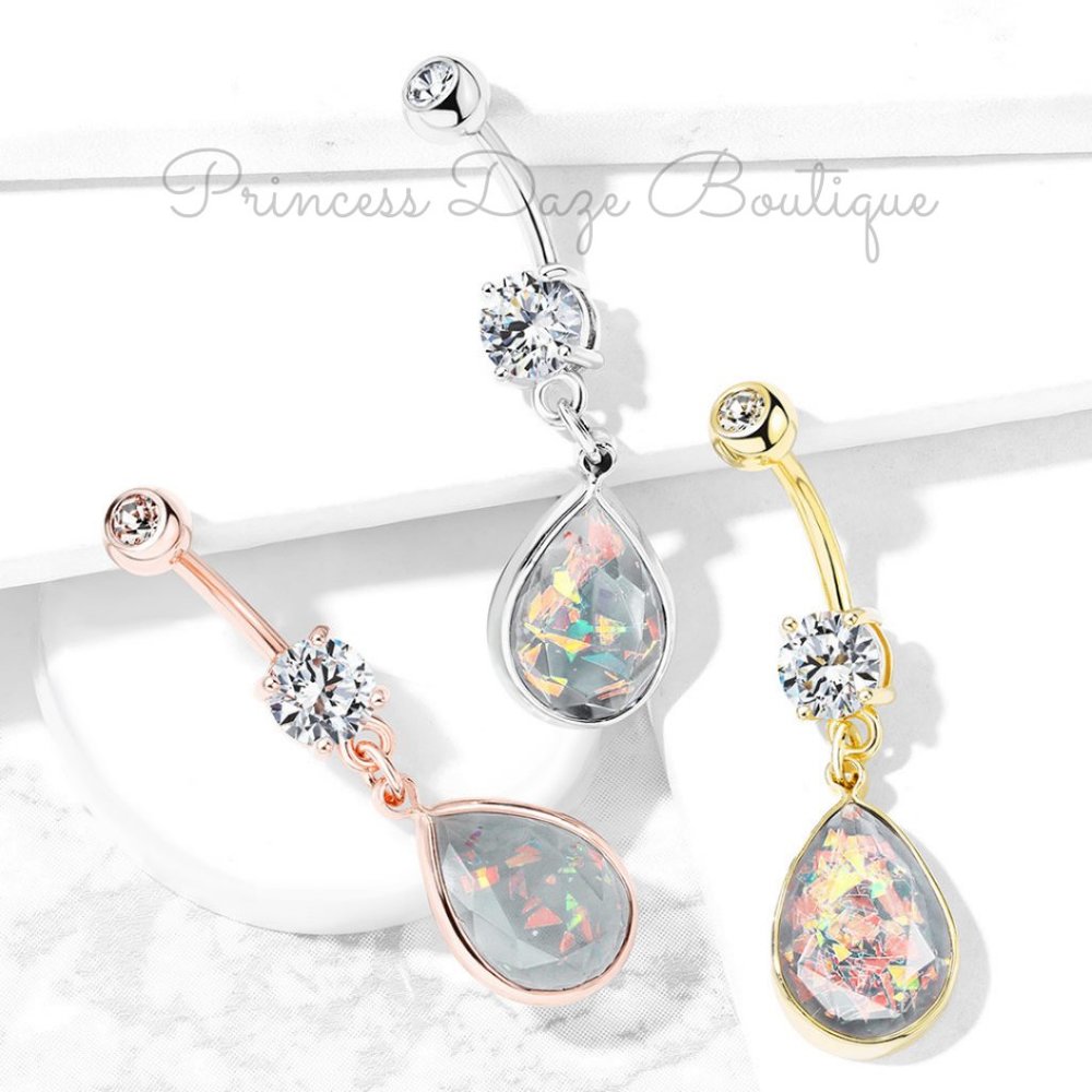 Rainbow Glitter‎ Opalite Stone Dangle Belly Button Ring